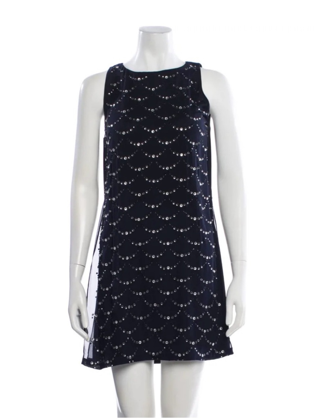 Diane von Furstenberg Silk Embellished Shift Dress Navy Sequined Sheer Overlay